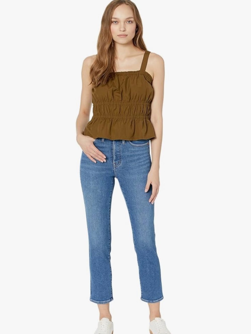 NWOT Madewell Poplin Sophia Peplum Tank "Golden Spinach" olive green color Sz M